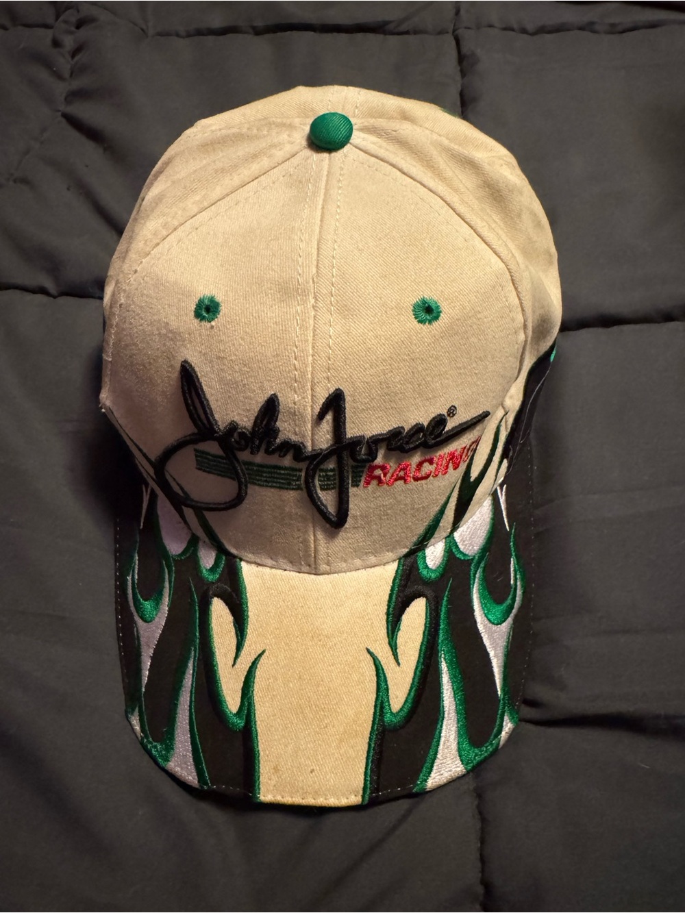 John Force Racing Flame Embroidered Baseball Cap - Tan & Green